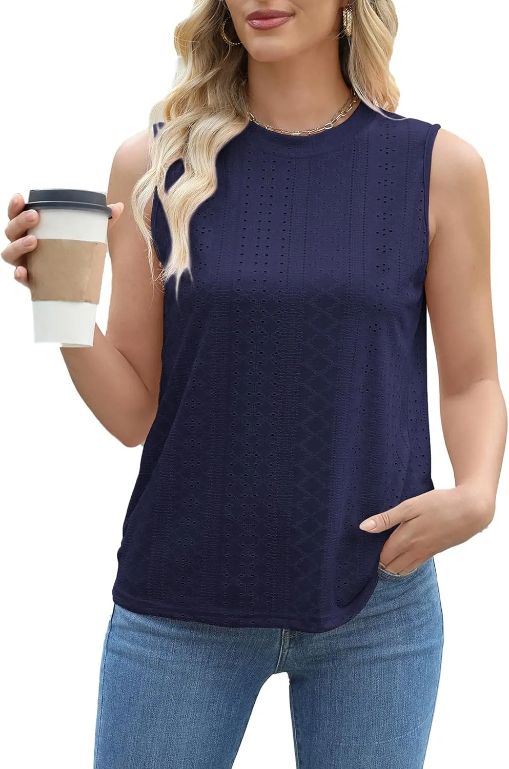 Womens Tank Tops Cutout Crewneck Camisole Eyelet Embroidery Sleeveless Loose Fit Basic y2k Going Out Shirts
