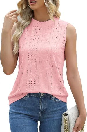 Womens Tank Tops Cutout Crewneck Camisole Eyelet Embroidery Sleeveless Loose Fit Basic y2k Going Out Shirts