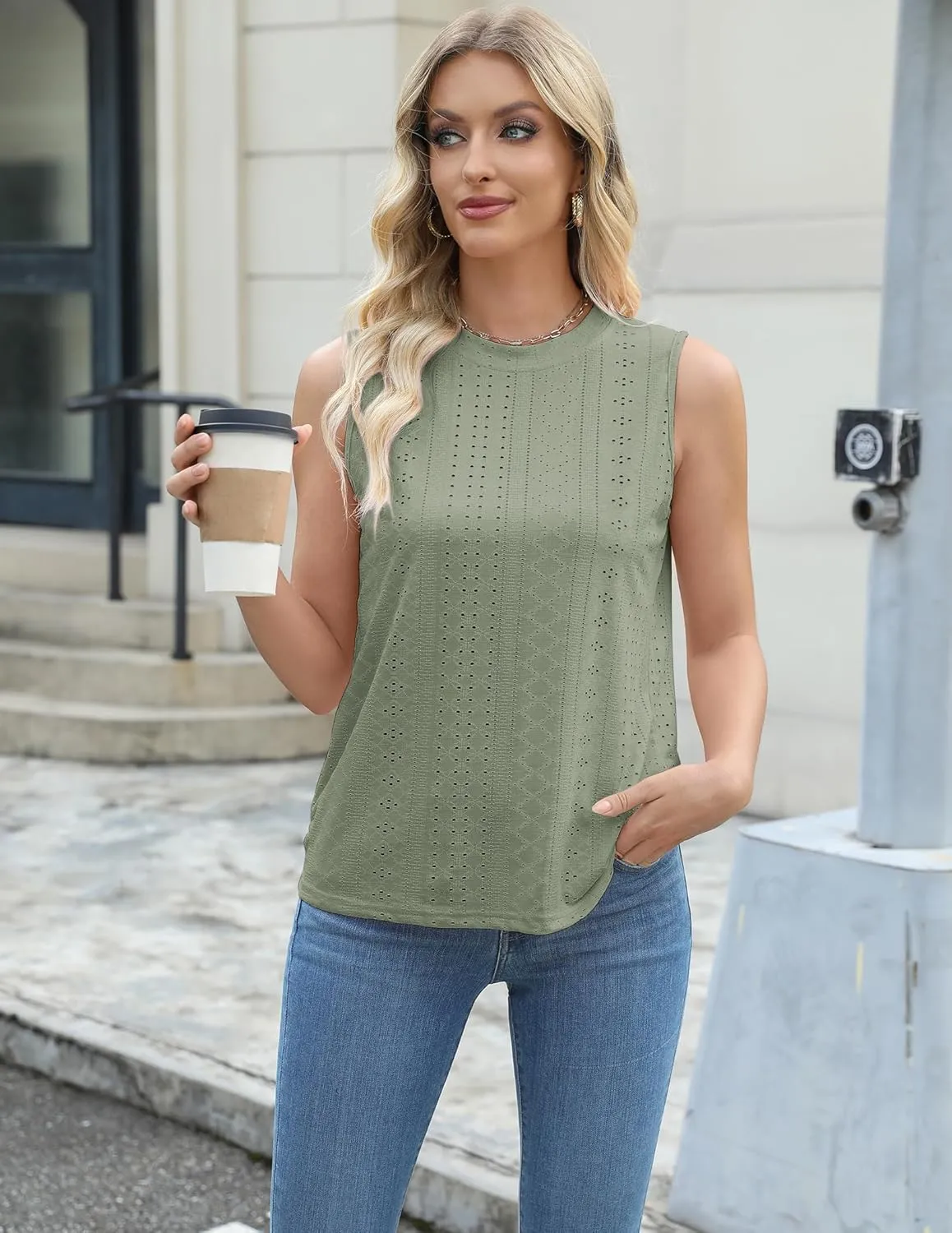 Womens Tank Tops Cutout Crewneck Camisole Eyelet Embroidery Sleeveless Loose Fit Basic y2k Going Out Shirts