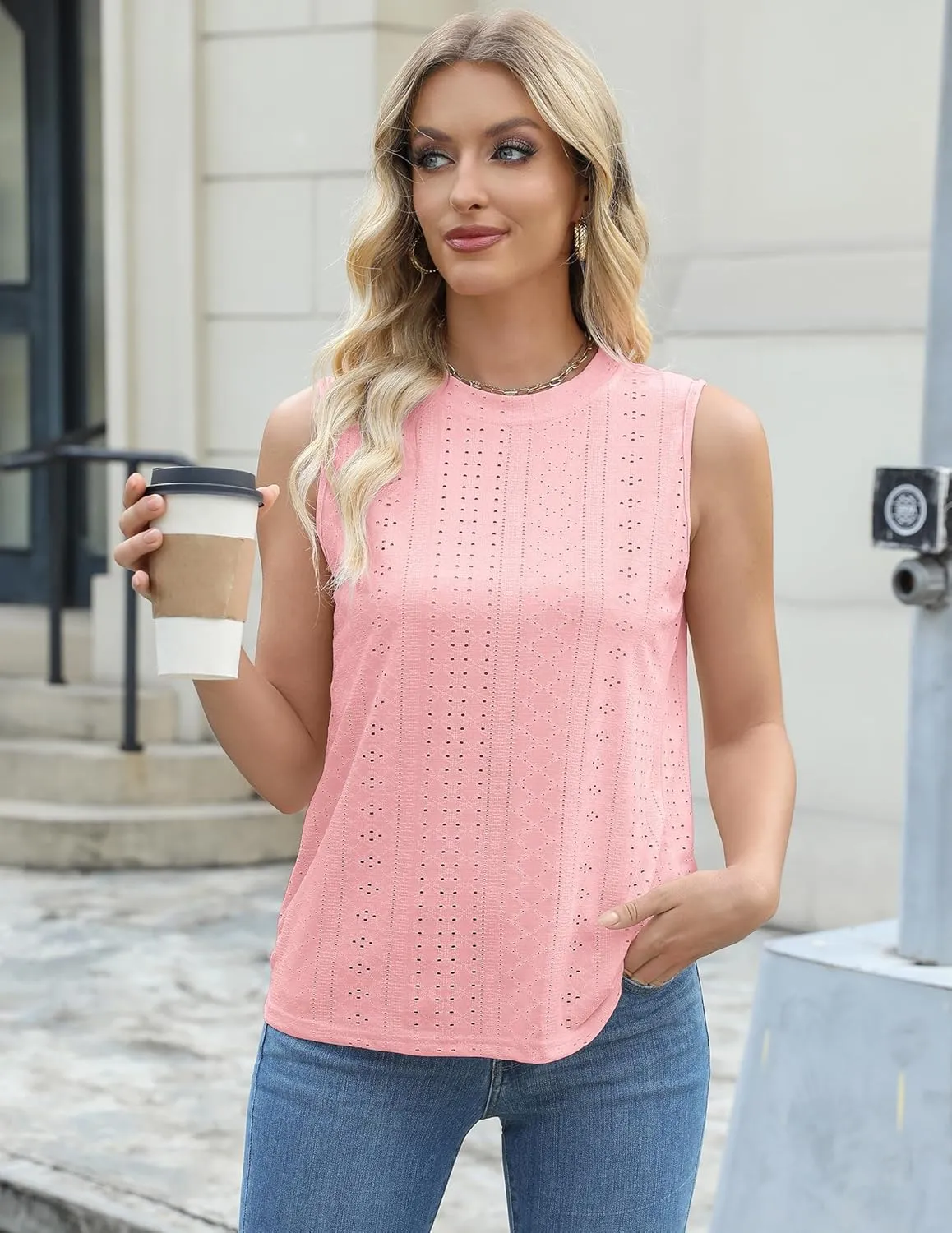 Womens Tank Tops Cutout Crewneck Camisole Eyelet Embroidery Sleeveless Loose Fit Basic y2k Going Out Shirts