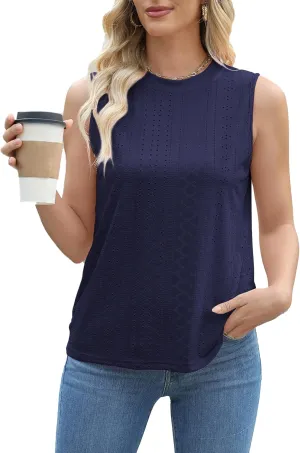 Womens Tank Tops Cutout Crewneck Camisole Eyelet Embroidery Sleeveless Loose Fit Basic y2k Going Out Shirts