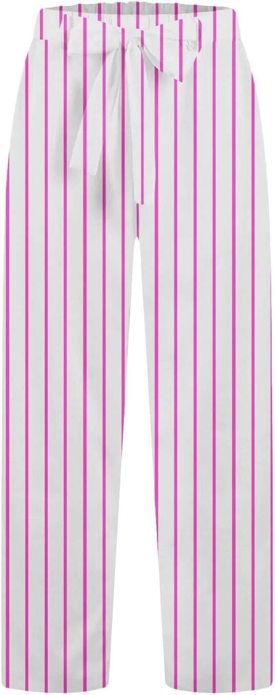 Women's Vintage Striped Print Wide Leg Palazzo Pants with Pockets Vintage Drawstring Straight Leg Lounge Trousers