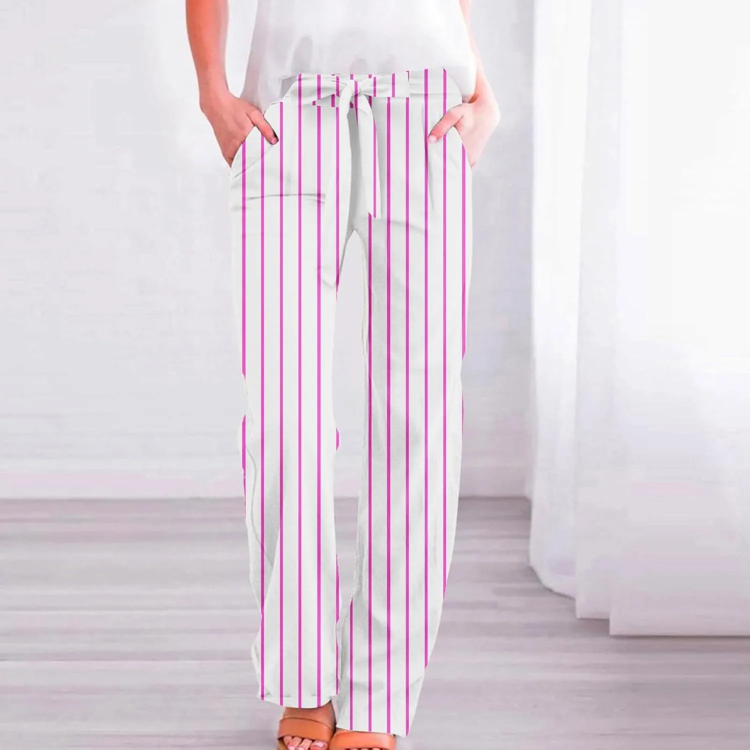 Women's Vintage Striped Print Wide Leg Palazzo Pants with Pockets Vintage Drawstring Straight Leg Lounge Trousers