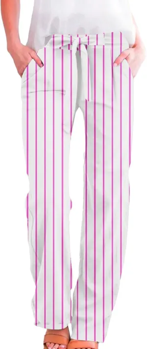 Women's Vintage Striped Print Wide Leg Palazzo Pants with Pockets Vintage Drawstring Straight Leg Lounge Trousers