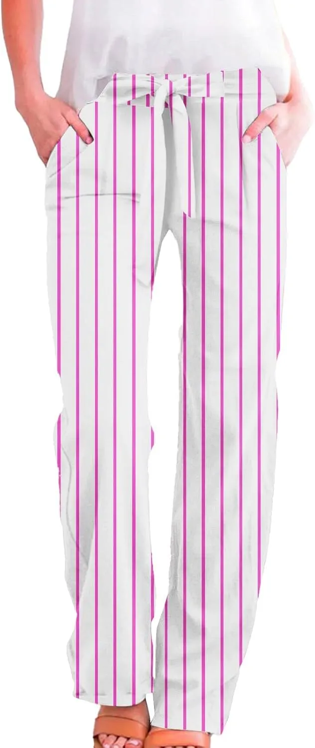 Women's Vintage Striped Print Wide Leg Palazzo Pants with Pockets Vintage Drawstring Straight Leg Lounge Trousers