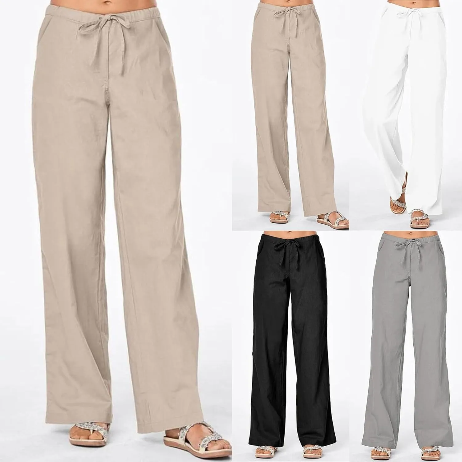 Women's Wide Leg Casual Beach Linen Pants Summer Loose Fit High Waisted Drawstring Palazzo Trousers with Pockets