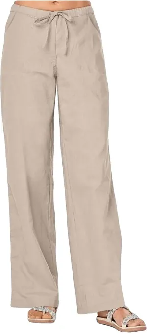 Women's Wide Leg Casual Beach Linen Pants Summer Loose Fit High Waisted Drawstring Palazzo Trousers with Pockets