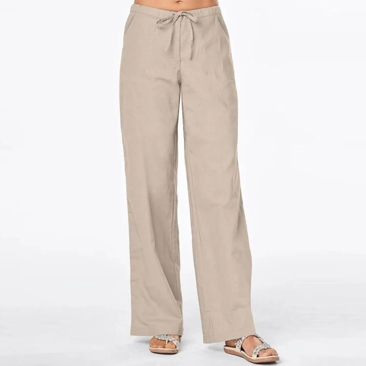 Women's Wide Leg Casual Beach Linen Pants Summer Loose Fit High Waisted Drawstring Palazzo Trousers with Pockets