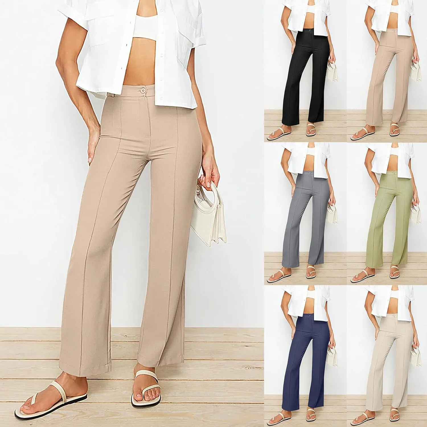 Women's Wide Leg Dress Pants Seam Front Tailored Trousers with Pockets High Waist Stretch Work Pants Casual Slacks