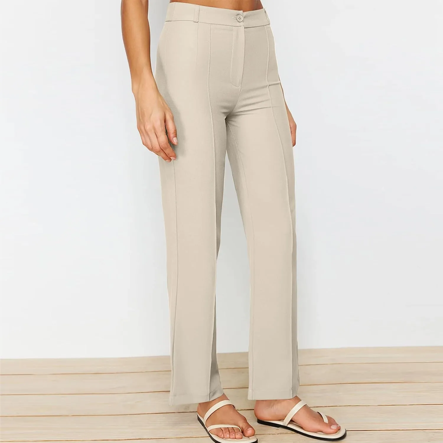 Women's Wide Leg Dress Pants Seam Front Tailored Trousers with Pockets High Waist Stretch Work Pants Casual Slacks