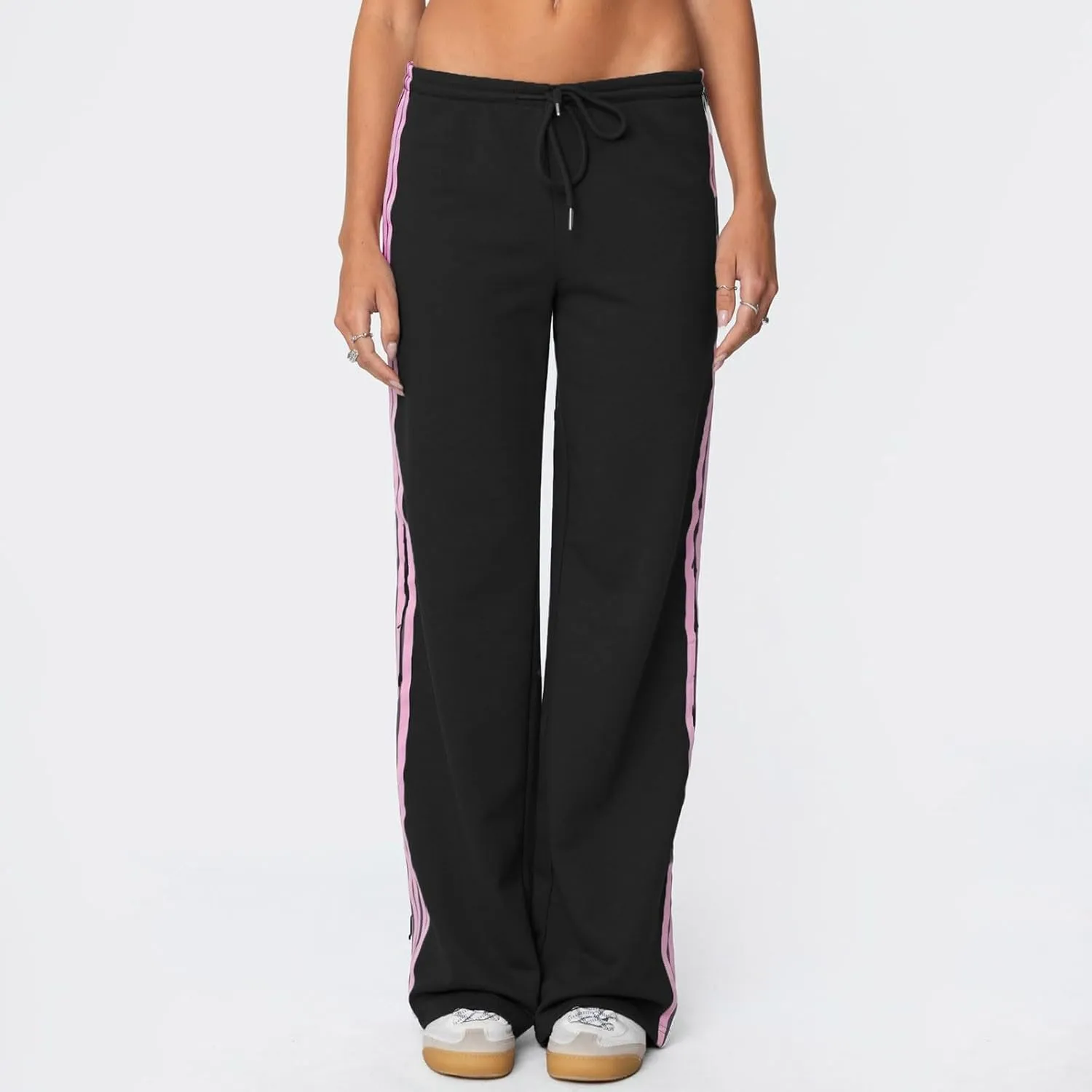 Womens Wide Leg Elasticated High Waist Trousers Side Striped Design Straight Casual Sweatpants Baggy Vintage Summer Pants