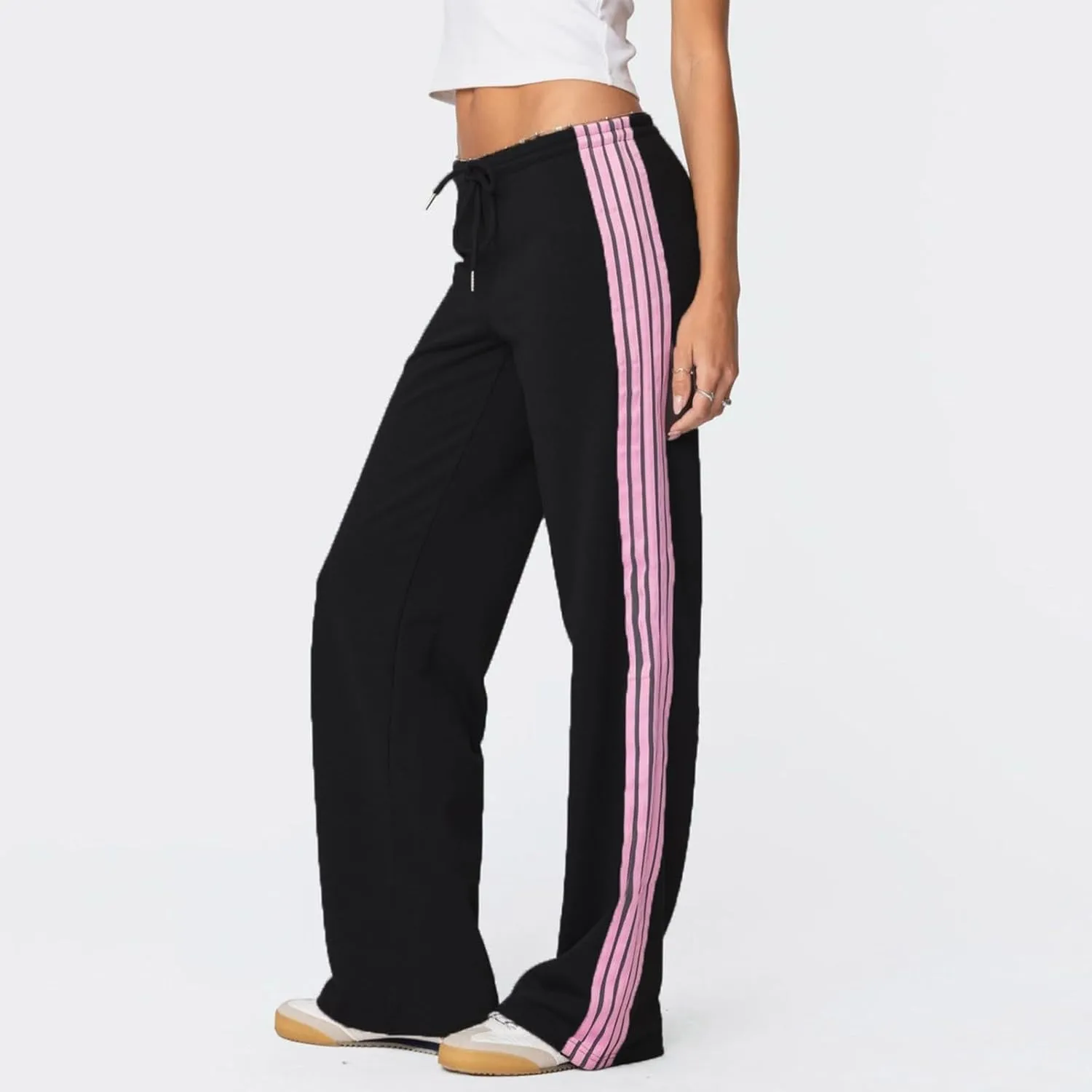 Womens Wide Leg Elasticated High Waist Trousers Side Striped Design Straight Casual Sweatpants Baggy Vintage Summer Pants