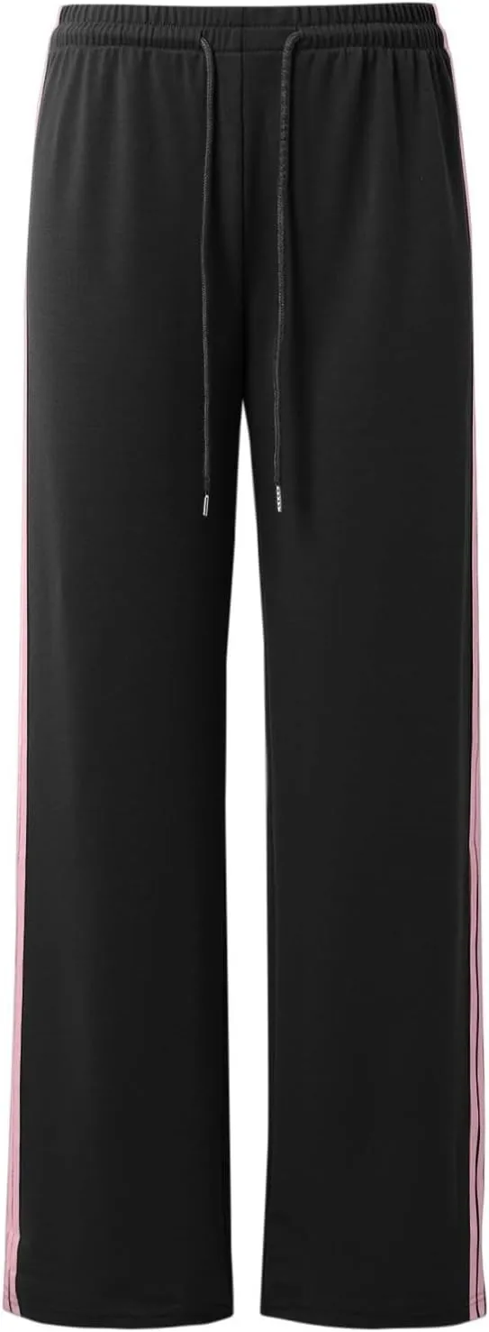 Womens Wide Leg Elasticated High Waist Trousers Side Striped Design Straight Casual Sweatpants Baggy Vintage Summer Pants