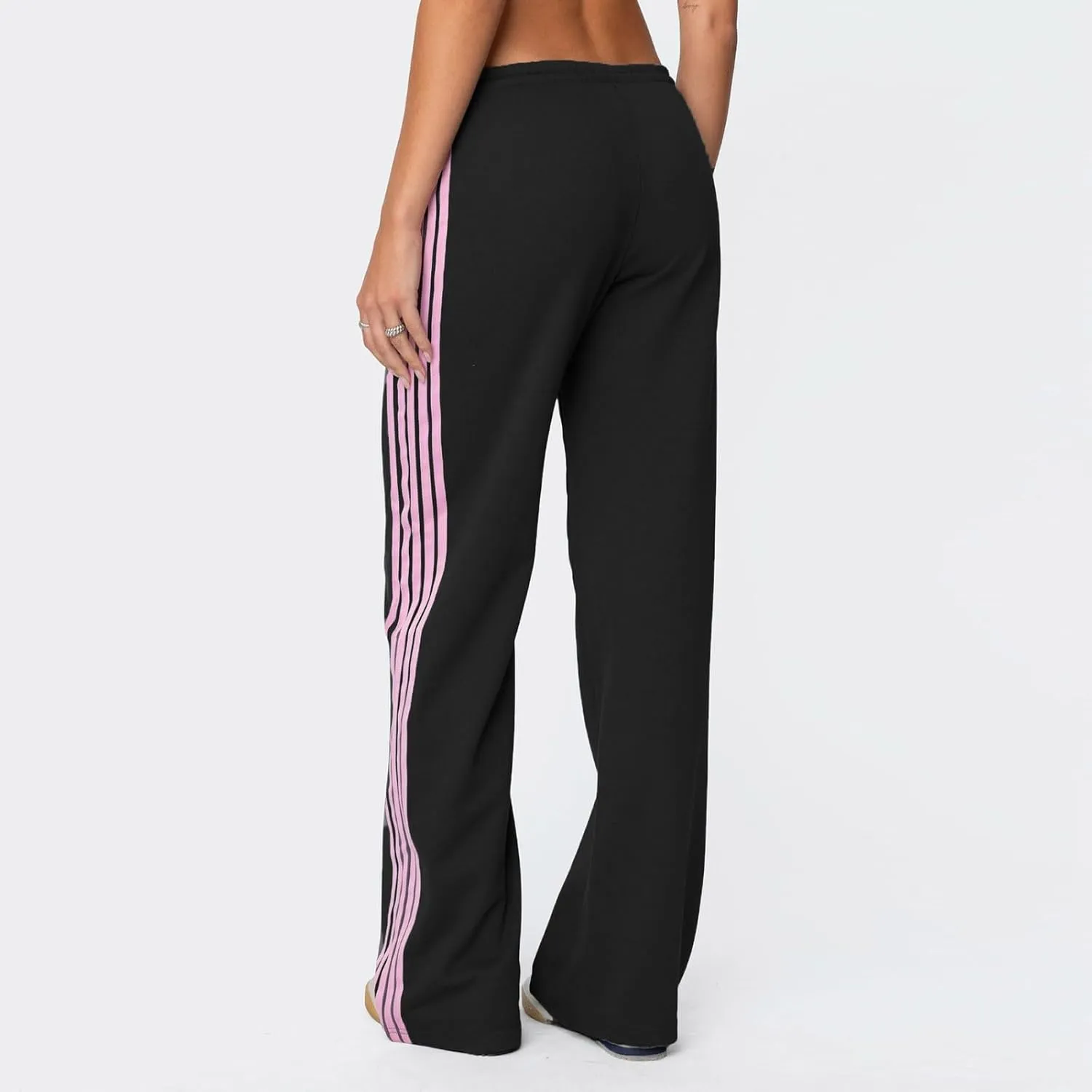 Womens Wide Leg Elasticated High Waist Trousers Side Striped Design Straight Casual Sweatpants Baggy Vintage Summer Pants