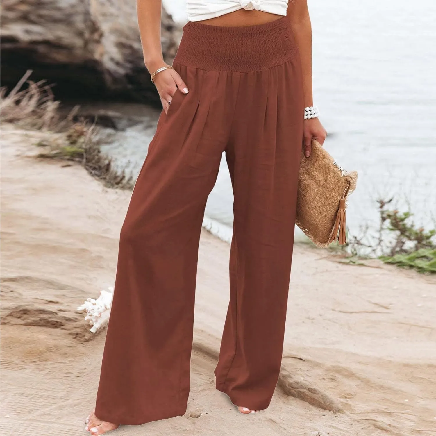 Womens Wide Leg Linen Pants 2025 Baggy Y2K Summer Stretchy Boho Beach Pants Relaxed Loose Fit Elastic Lightweight Trousers