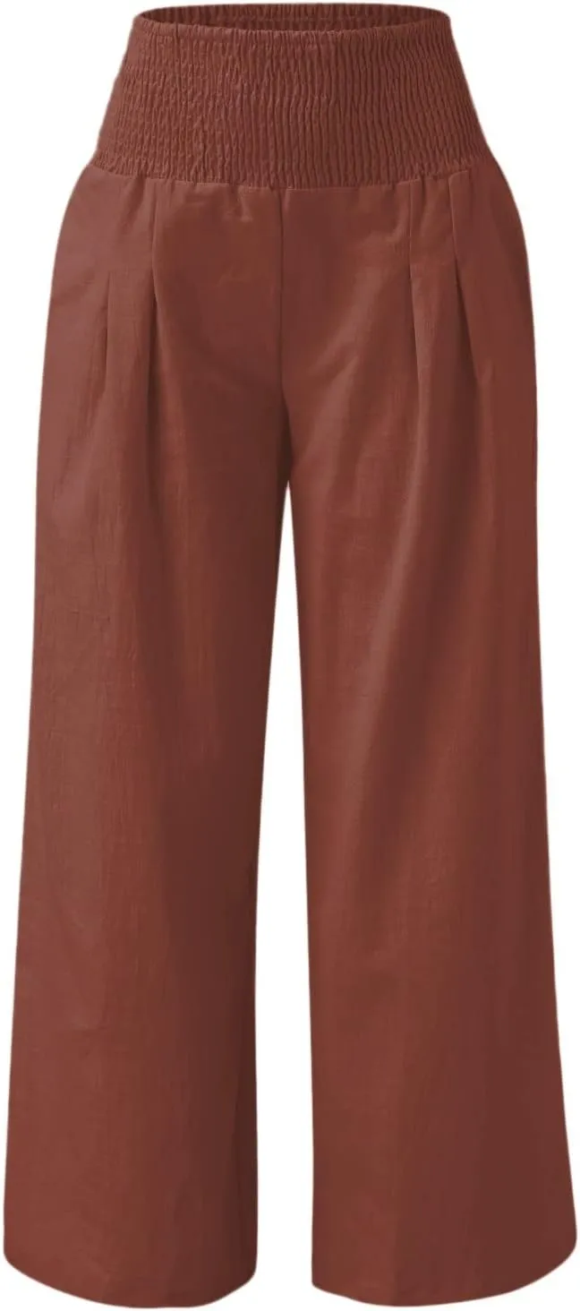 Womens Wide Leg Linen Pants 2025 Baggy Y2K Summer Stretchy Boho Beach Pants Relaxed Loose Fit Elastic Lightweight Trousers