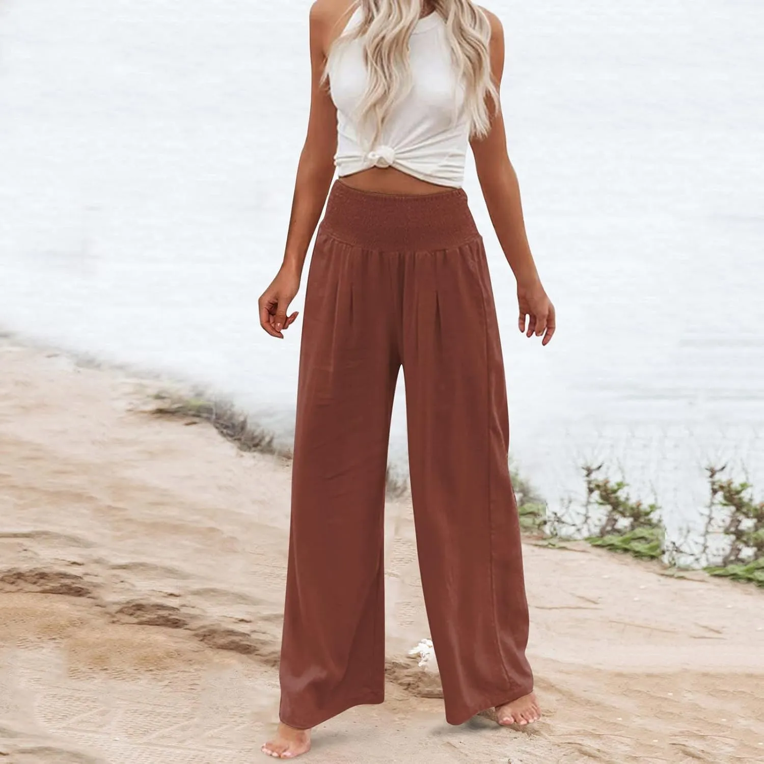 Womens Wide Leg Linen Pants 2025 Baggy Y2K Summer Stretchy Boho Beach Pants Relaxed Loose Fit Elastic Lightweight Trousers
