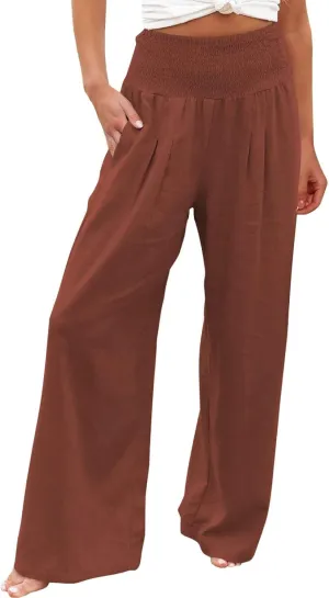 Womens Wide Leg Linen Pants 2025 Baggy Y2K Summer Stretchy Boho Beach Pants Relaxed Loose Fit Elastic Lightweight Trousers