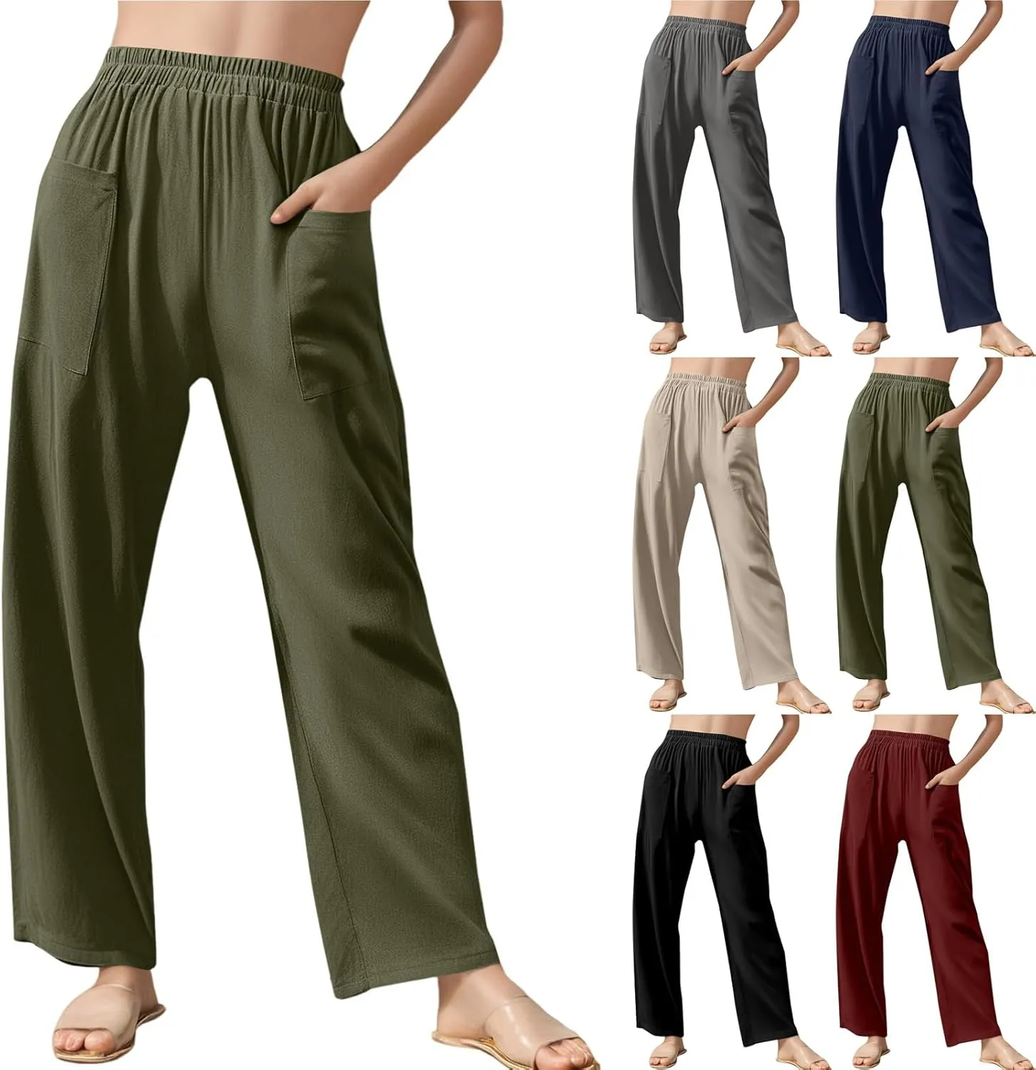 Womens Wide Leg Linen Pants Summer Elastic Waist Beach Pants Loose Fit Comfy Lounge Pants with Pockets Flowy Trousers