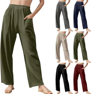 Womens Wide Leg Linen Pants Summer Elastic Waist Beach Pants Loose Fit Comfy Lounge Pants with Pockets Flowy Trousers