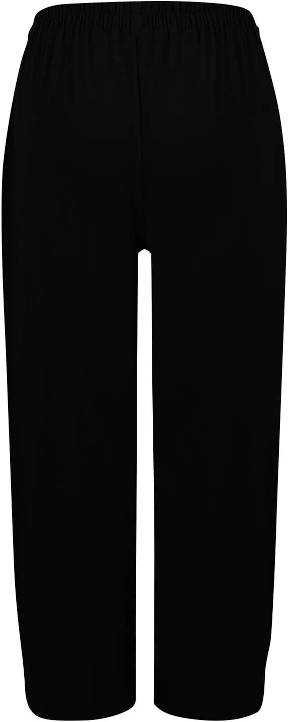 Womens Wide Leg Linen Pants Summer Elastic Waist Beach Pants Loose Fit Comfy Lounge Pants with Pockets Flowy Trousers