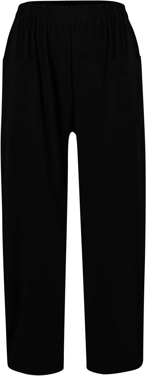Womens Wide Leg Linen Pants Summer Elastic Waist Beach Pants Loose Fit Comfy Lounge Pants with Pockets Flowy Trousers