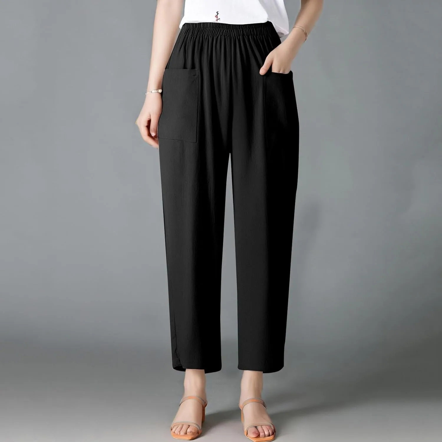 Womens Wide Leg Linen Pants Summer Elastic Waist Beach Pants Loose Fit Comfy Lounge Pants with Pockets Flowy Trousers