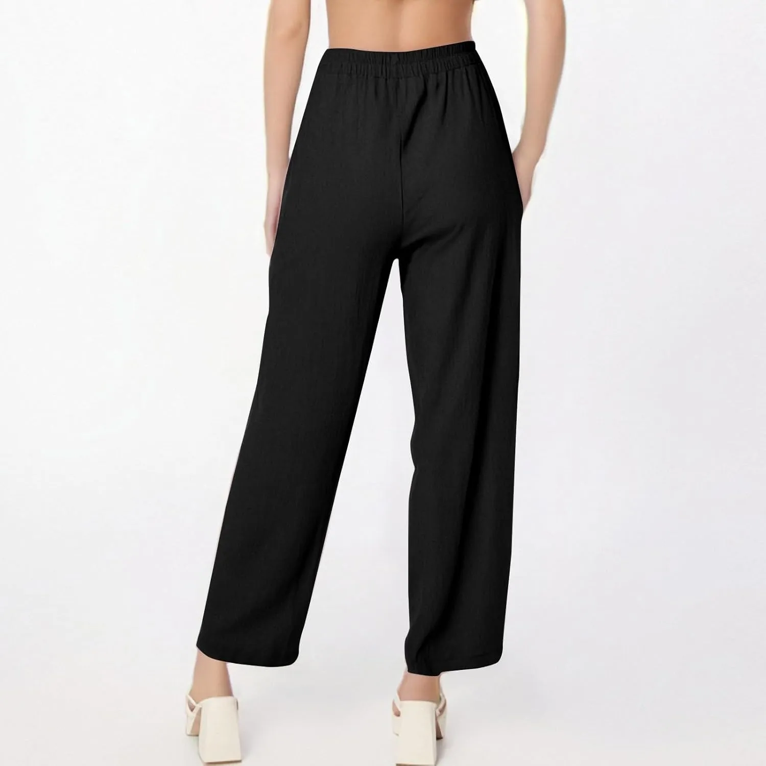 Womens Wide Leg Linen Pants Summer Elastic Waist Beach Pants Loose Fit Comfy Lounge Pants with Pockets Flowy Trousers