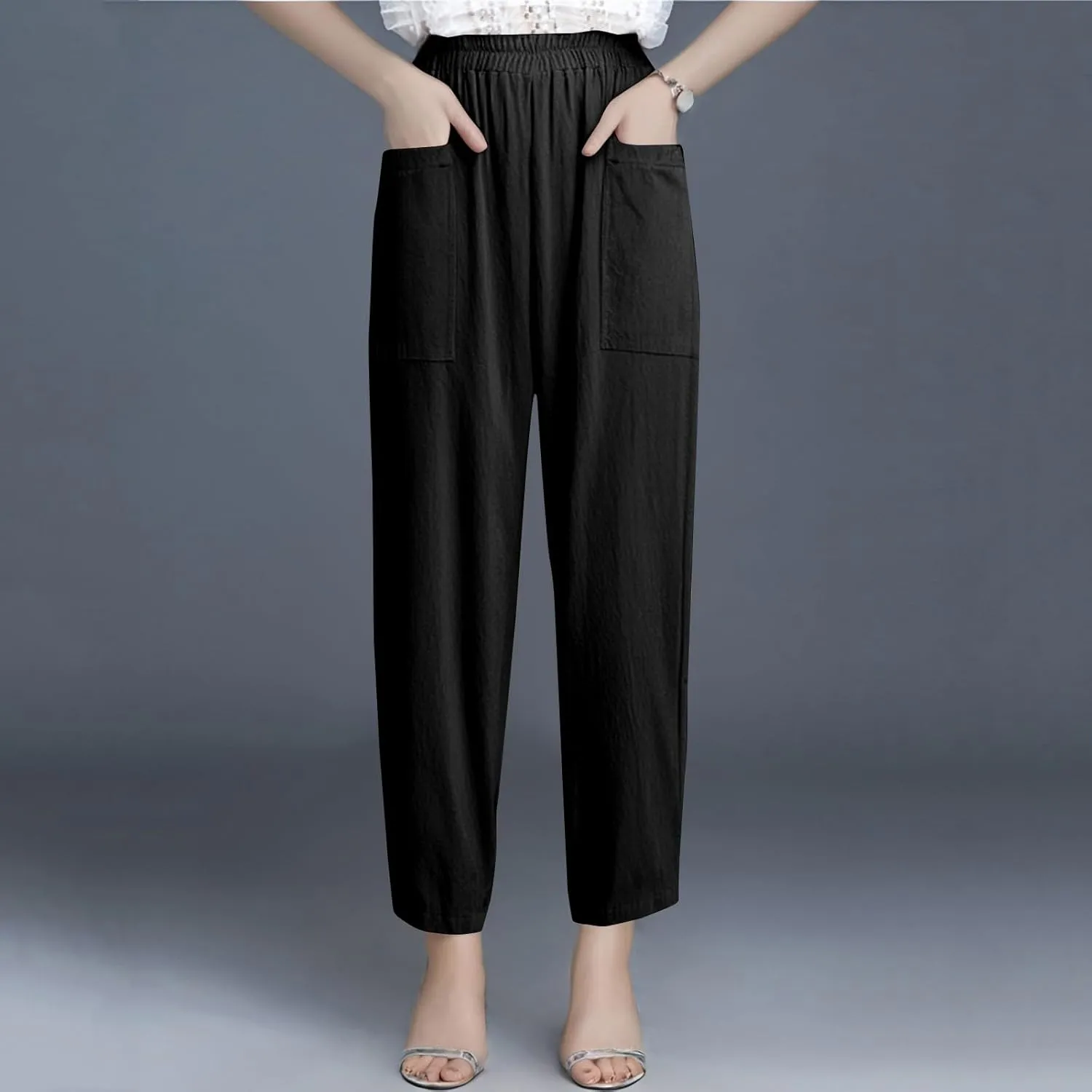 Womens Wide Leg Linen Pants Summer Elastic Waist Beach Pants Loose Fit Comfy Lounge Pants with Pockets Flowy Trousers