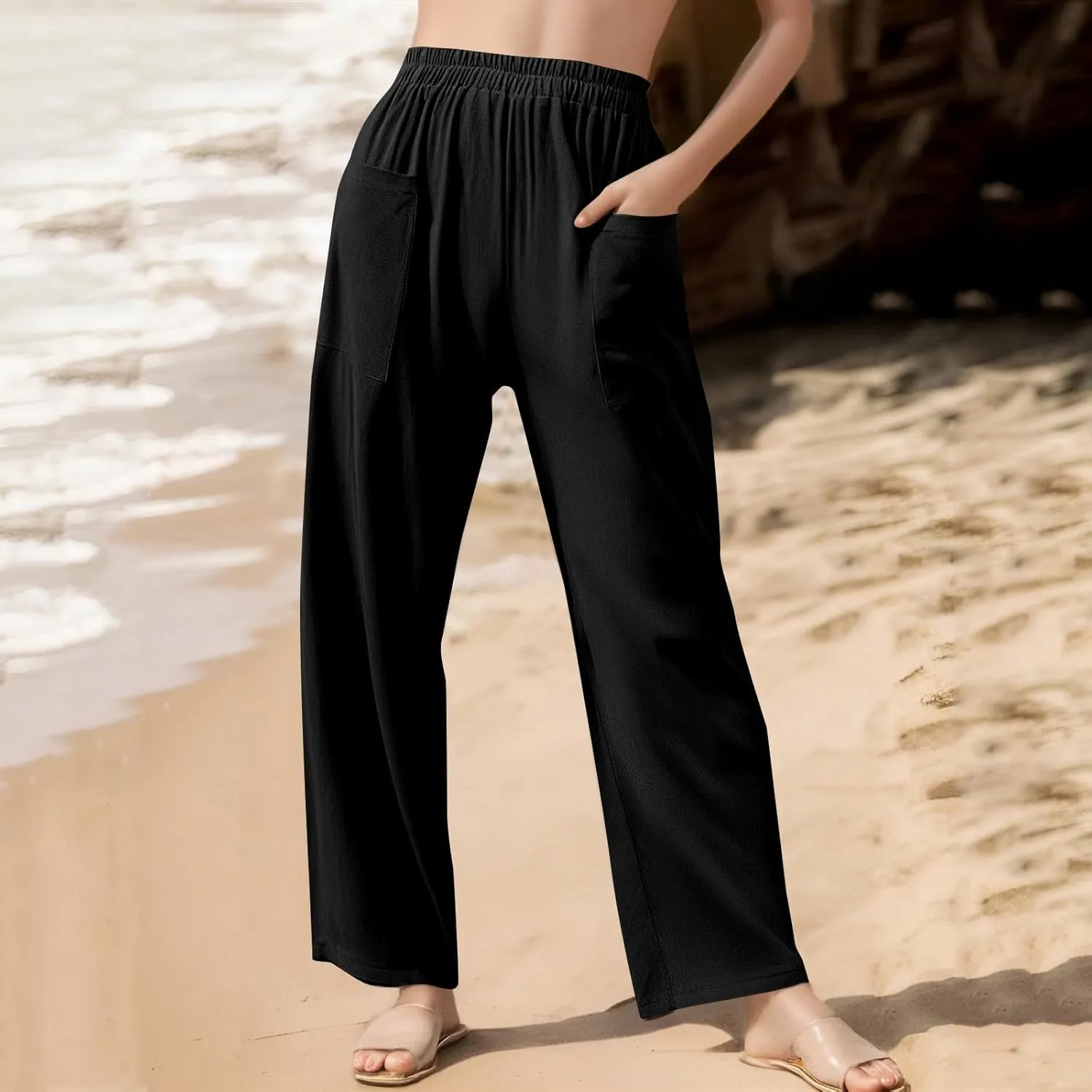 Womens Wide Leg Linen Pants Summer Elastic Waist Beach Pants Loose Fit Comfy Lounge Pants with Pockets Flowy Trousers