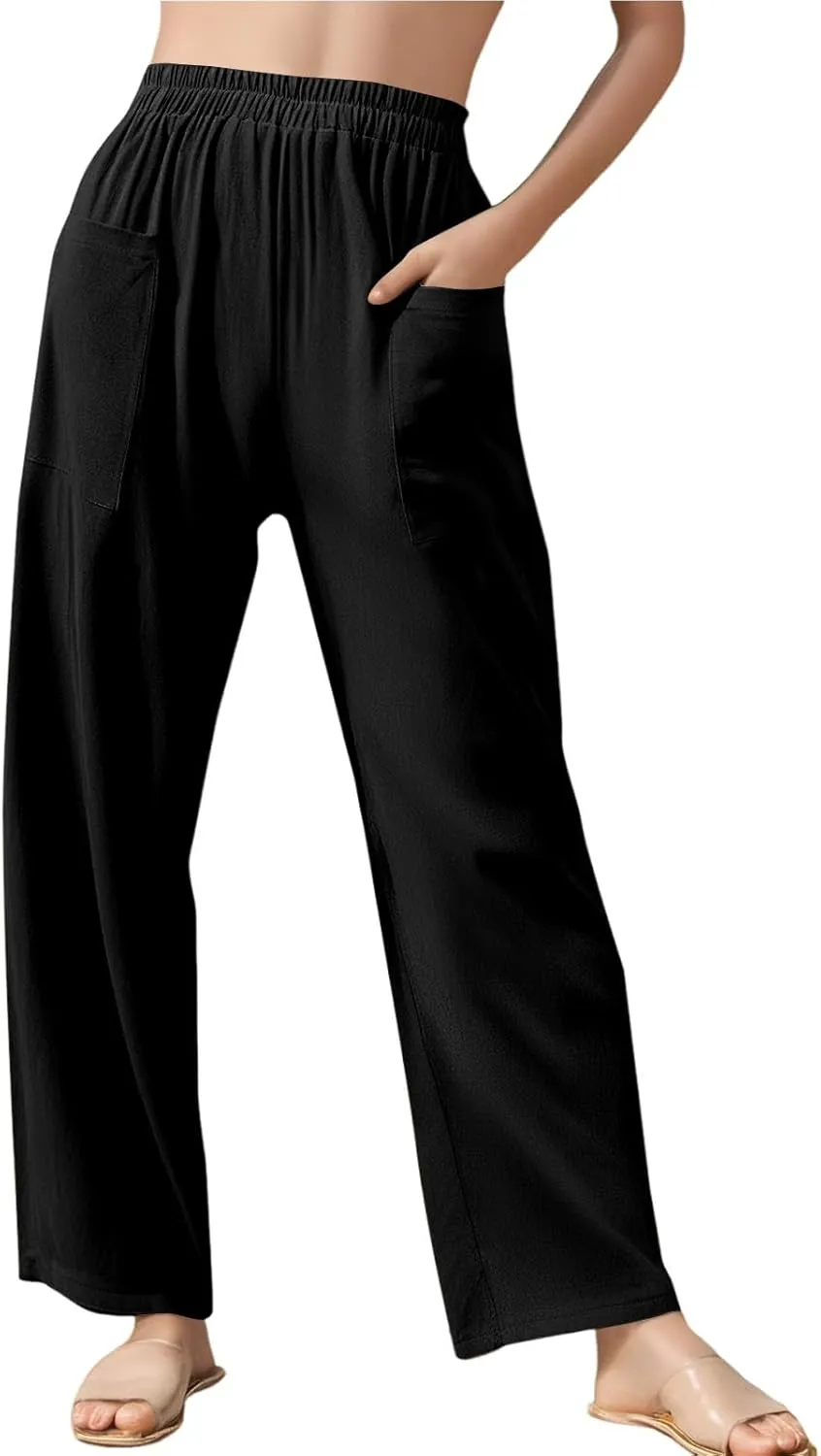 Womens Wide Leg Linen Pants Summer Elastic Waist Beach Pants Loose Fit Comfy Lounge Pants with Pockets Flowy Trousers