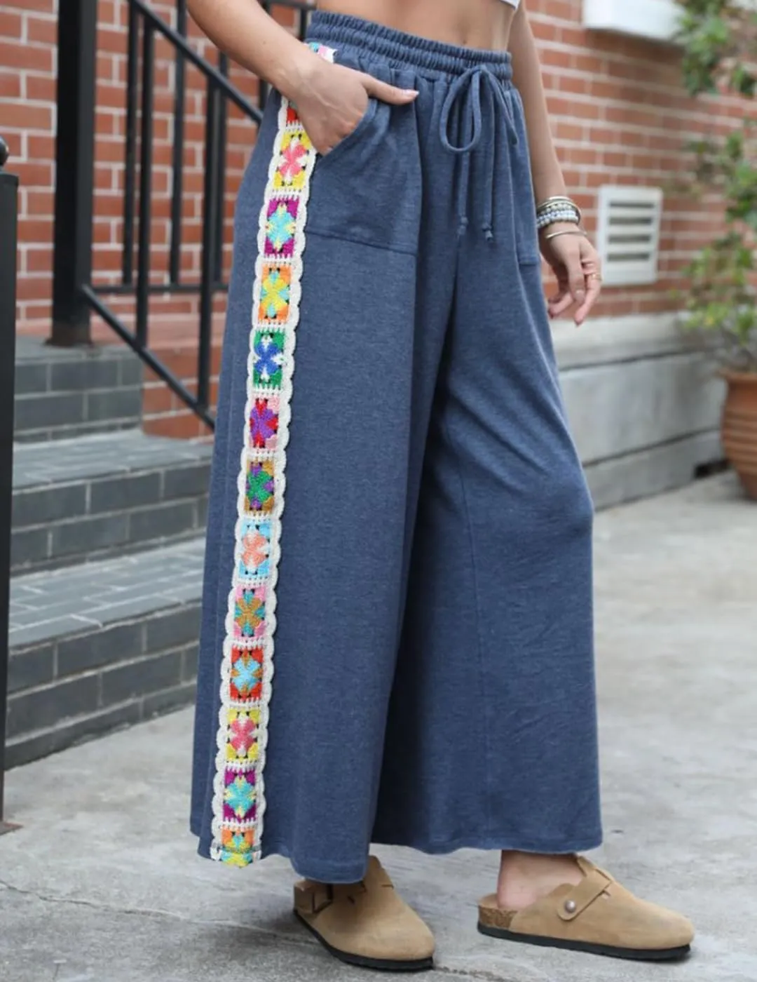 Womens Wide Leg Pants Stretch Casual Drawstring Waist Loose Lounge Sweatpants Crochet Panel Pant with Pocket