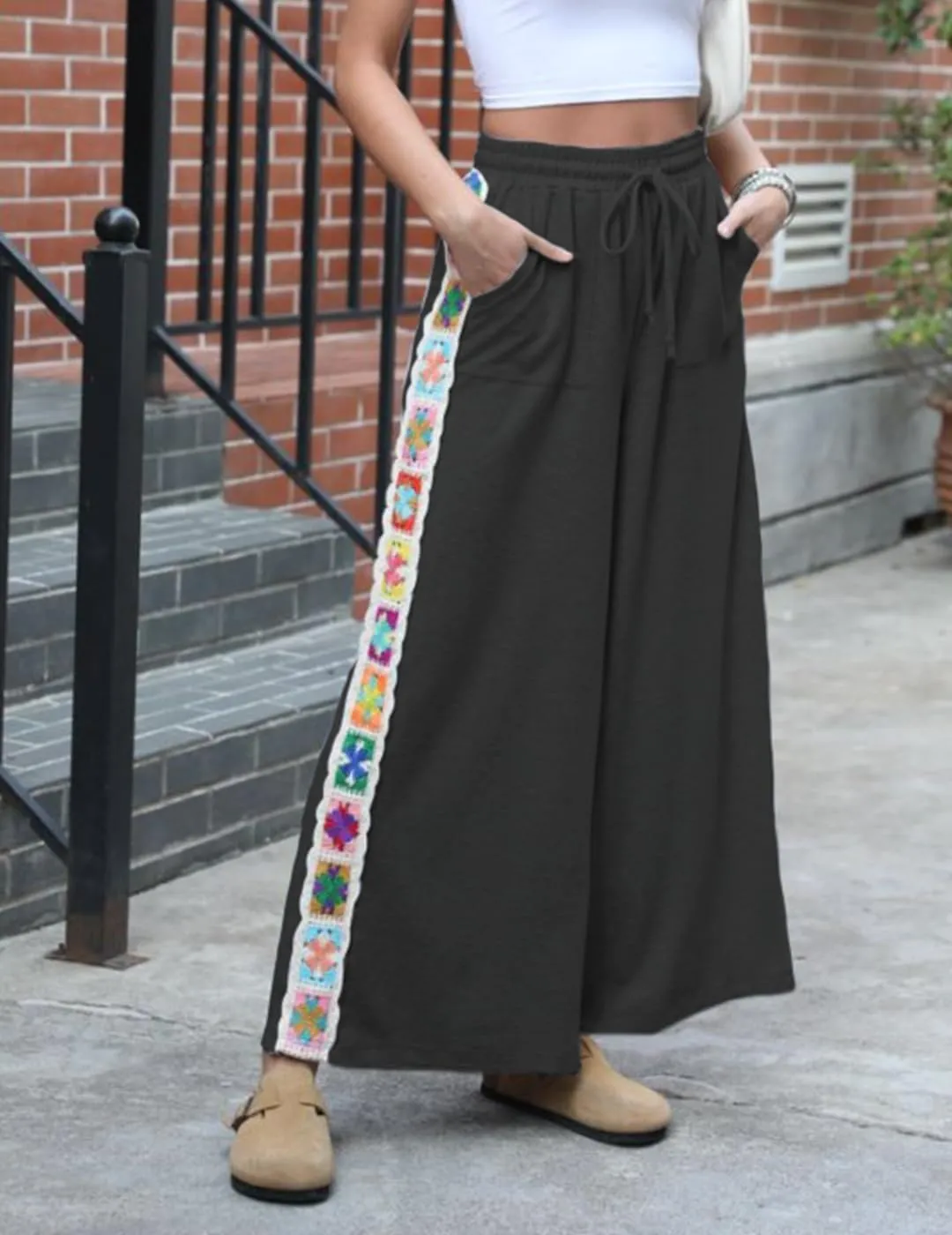 Womens Wide Leg Pants Stretch Casual Drawstring Waist Loose Lounge Sweatpants Crochet Panel Pant with Pocket