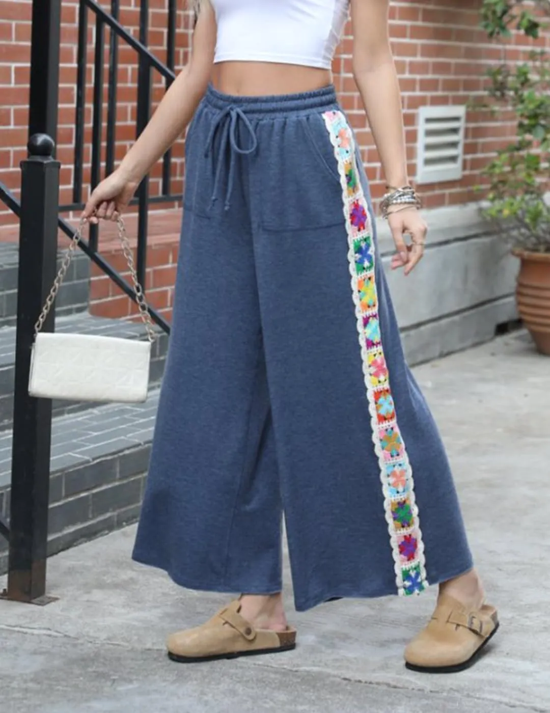 Womens Wide Leg Pants Stretch Casual Drawstring Waist Loose Lounge Sweatpants Crochet Panel Pant with Pocket