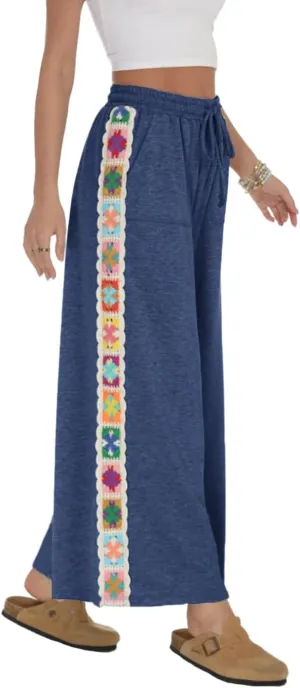 Womens Wide Leg Pants Stretch Casual Drawstring Waist Loose Lounge Sweatpants Crochet Panel Pant with Pocket