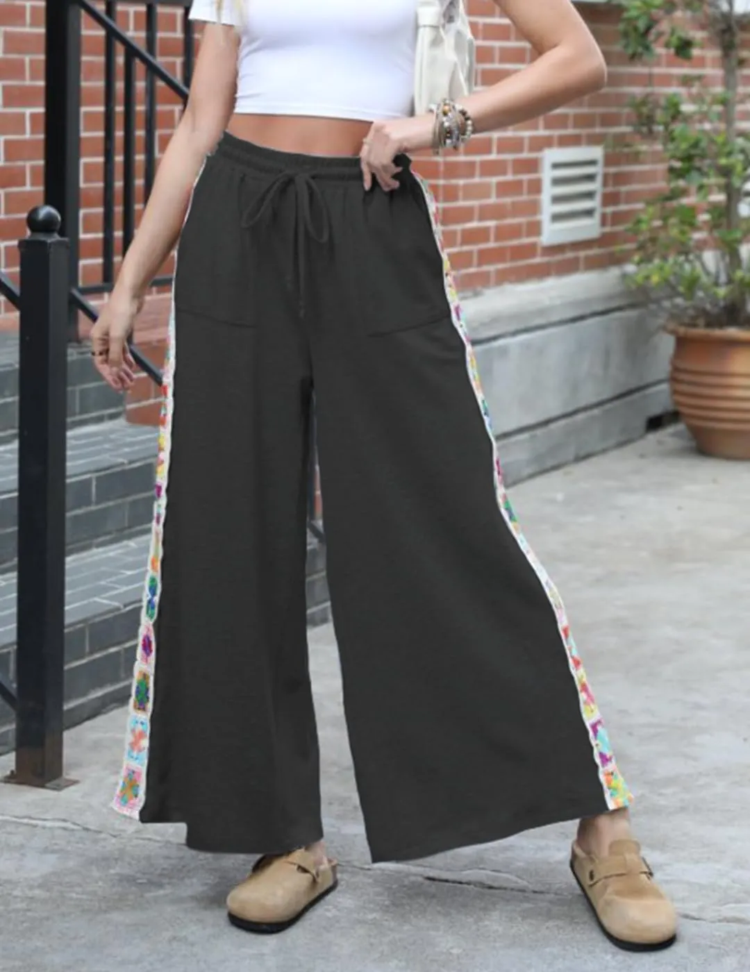Womens Wide Leg Pants Stretch Casual Drawstring Waist Loose Lounge Sweatpants Crochet Panel Pant with Pocket