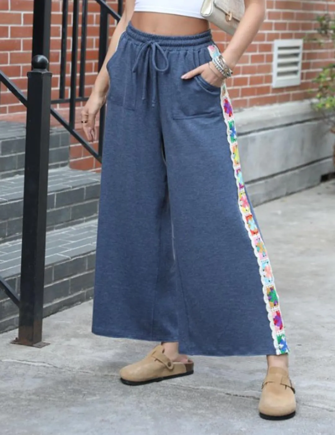 Womens Wide Leg Pants Stretch Casual Drawstring Waist Loose Lounge Sweatpants Crochet Panel Pant with Pocket