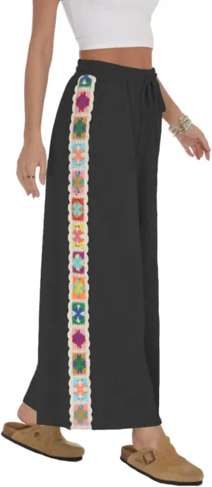 Womens Wide Leg Pants Stretch Casual Drawstring Waist Loose Lounge Sweatpants Crochet Panel Pant with Pocket