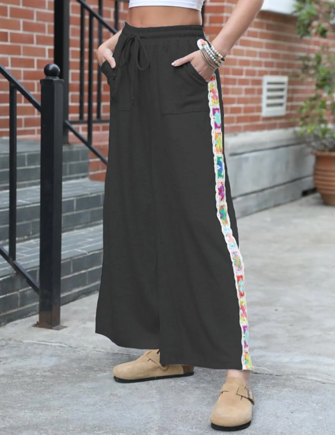 Womens Wide Leg Pants Stretch Casual Drawstring Waist Loose Lounge Sweatpants Crochet Panel Pant with Pocket