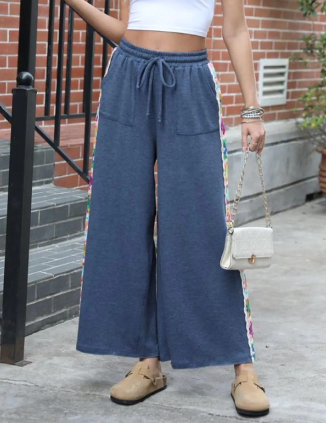 Womens Wide Leg Pants Stretch Casual Drawstring Waist Loose Lounge Sweatpants Crochet Panel Pant with Pocket