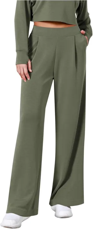 Women's Wide Leg Pants Winter Highwaisted Beach Pants with Pockets Fleece Lined Elastic Waist