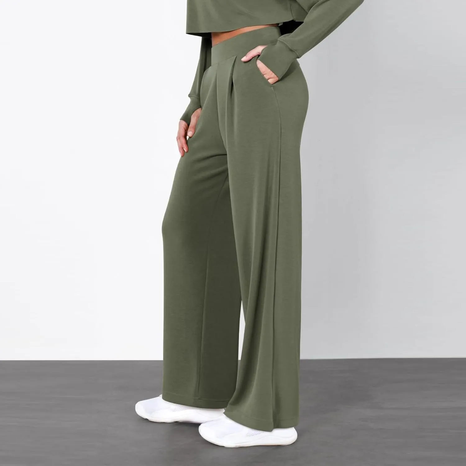 Women's Wide Leg Pants Winter Highwaisted Beach Pants with Pockets Fleece Lined Elastic Waist