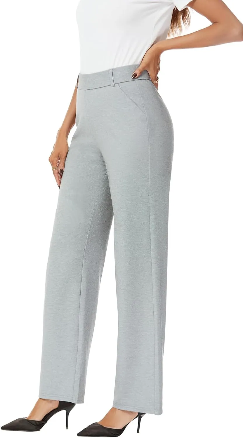 Womens Wide Straight Leg Pull-On Trousers Casual Slacks Dress Pants with Pockets