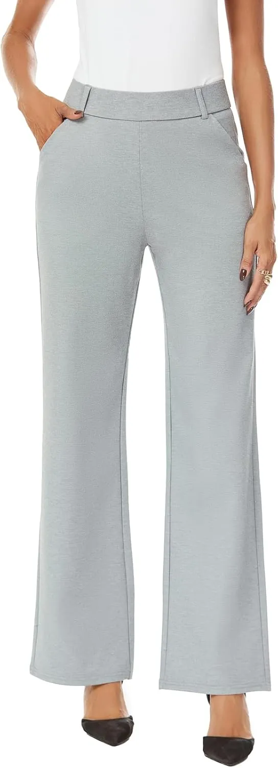 Womens Wide Straight Leg Pull-On Trousers Casual Slacks Dress Pants with Pockets