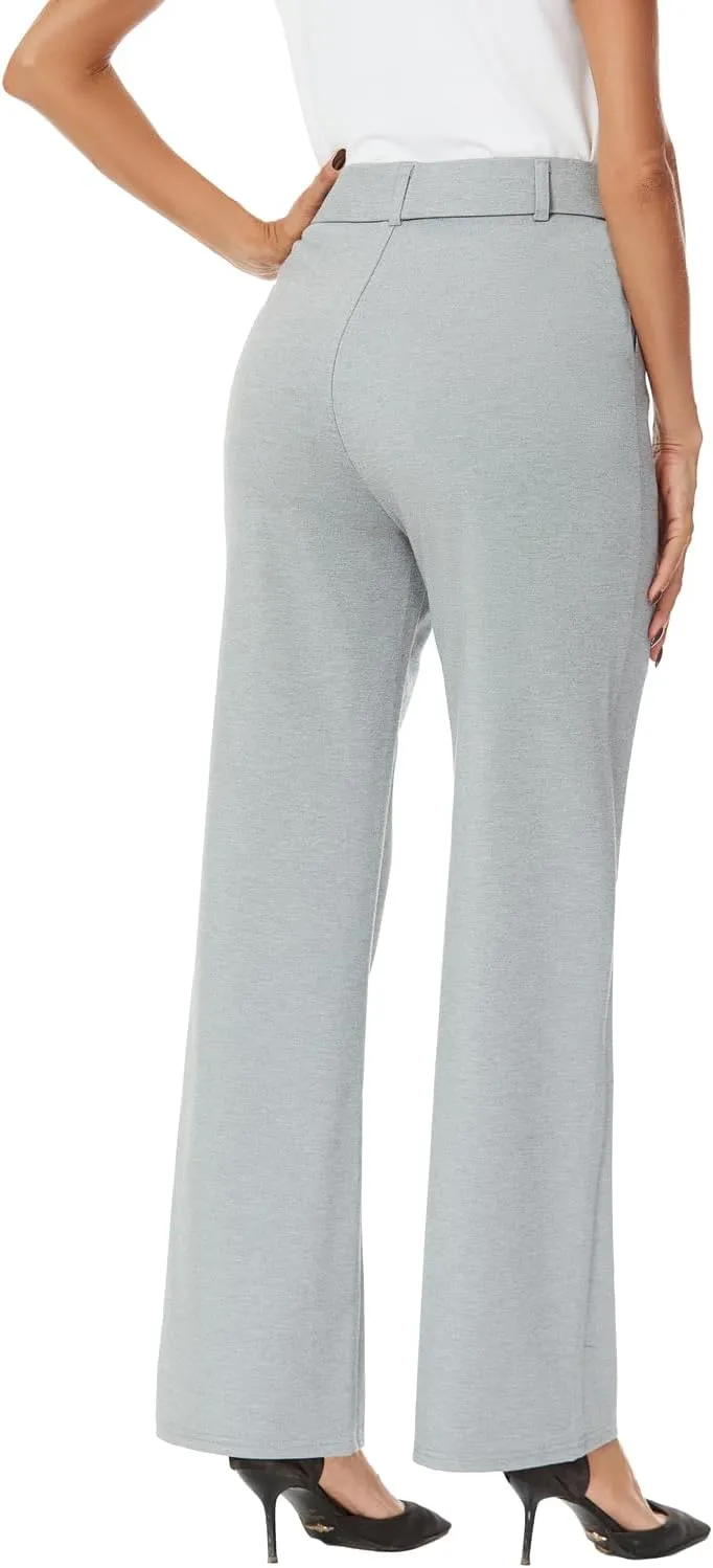 Womens Wide Straight Leg Pull-On Trousers Casual Slacks Dress Pants with Pockets