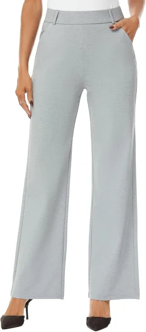 Womens Wide Straight Leg Pull-On Trousers Casual Slacks Dress Pants with Pockets