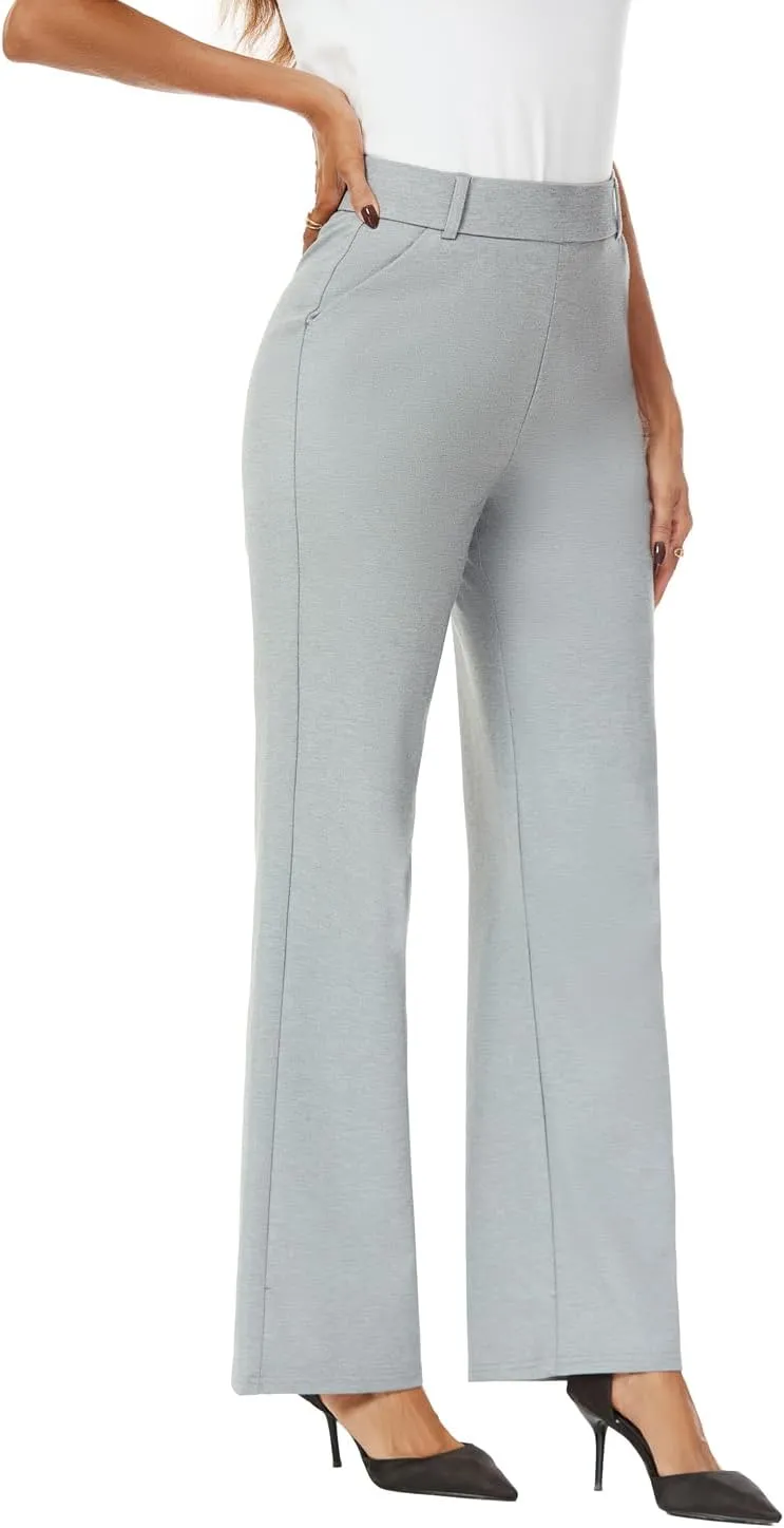 Womens Wide Straight Leg Pull-On Trousers Casual Slacks Dress Pants with Pockets