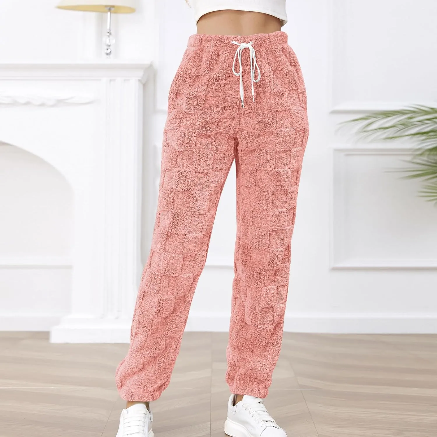 Women's Winter Warm Fleece Baggy Joggers Pants Sherpa Lined Sweatpants Jacquard Pajama Pants Plush Fuzzy Lounge Pants