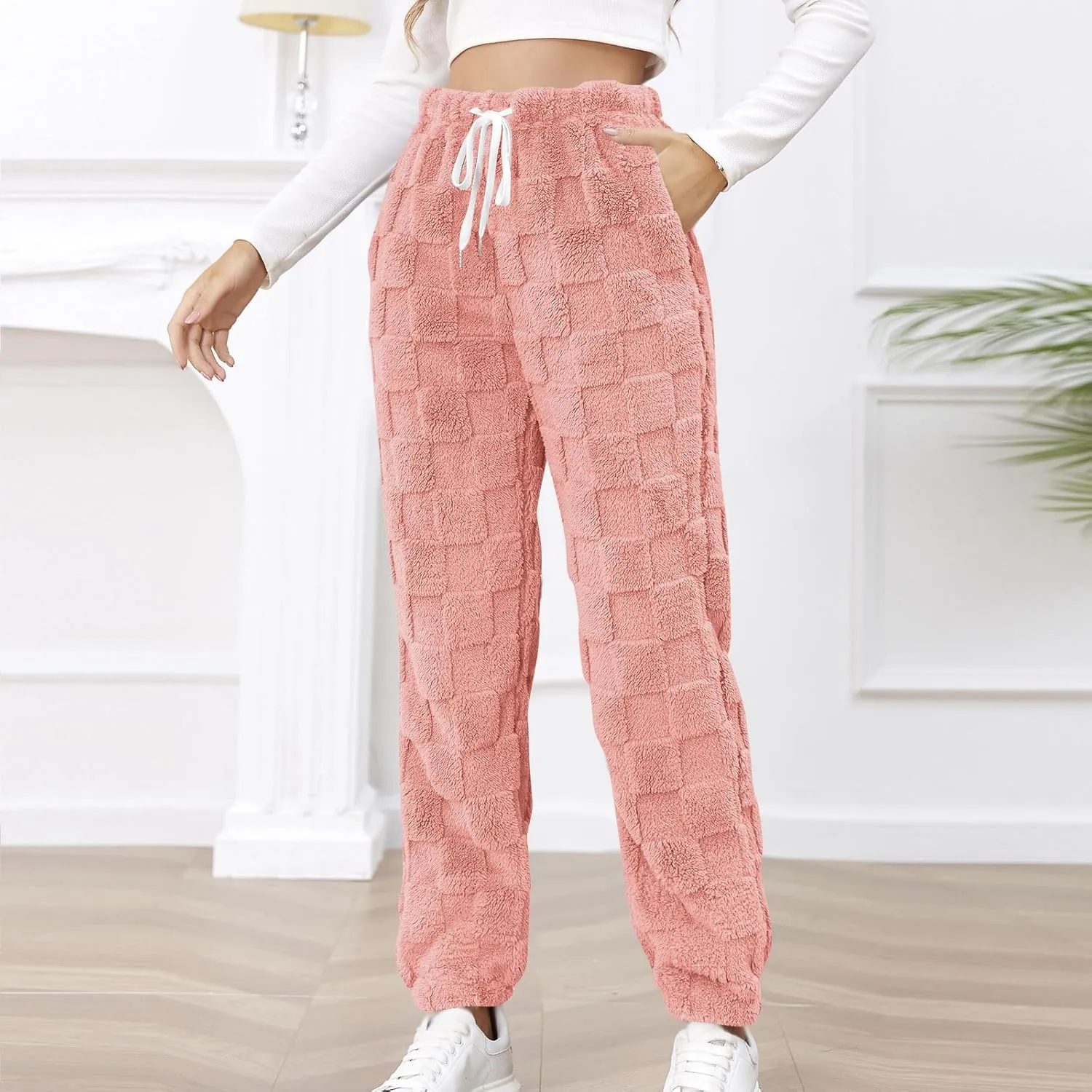 Women's Winter Warm Fleece Baggy Joggers Pants Sherpa Lined Sweatpants Jacquard Pajama Pants Plush Fuzzy Lounge Pants