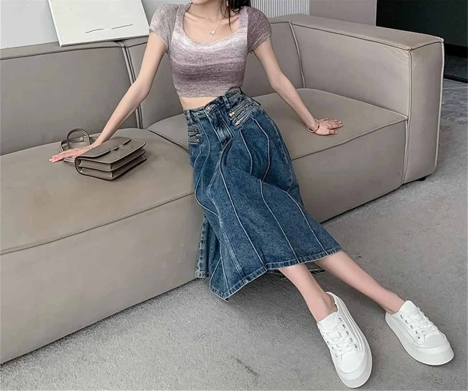 Womens Y2K Streetwear High Waist A Line Jeans Midi Skirts Summer Korean Vintage Blue Denim Pleated Skirt